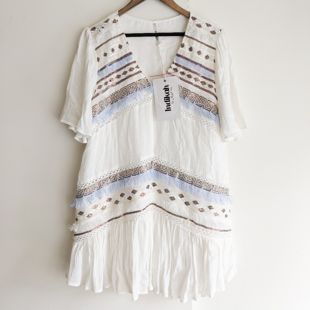 Indikah by Angel biba white boho babydoll dress
